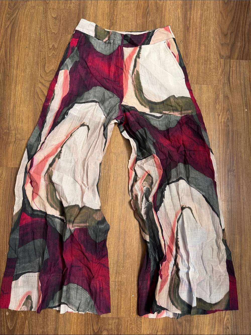 Zara Abstract Marble Print Wide-Leg Pants in Berry & Olive sz Small